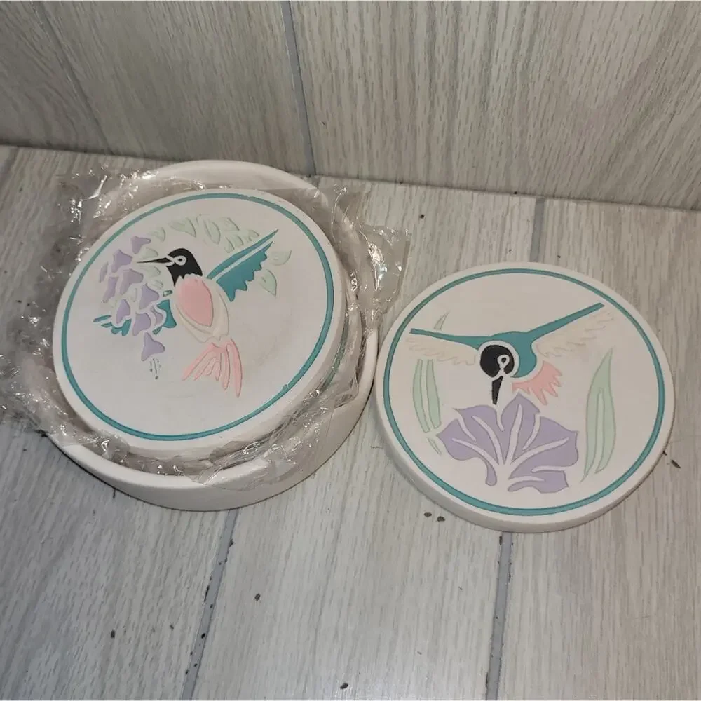 Vtg Southwestern Hummingbird Ceramic Coaster Set Of 4 NWOT Coastal Boho